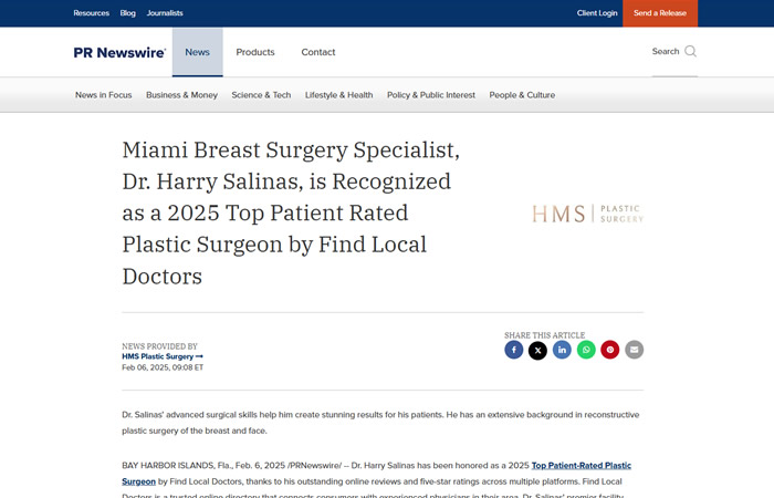 Screenshot of the article titled: Miami Breast Surgery Specialist, Dr. Harry Salinas, is Recognized as a 2025 Top Patient Rated Plastic Surgeon by Find Local Doctors